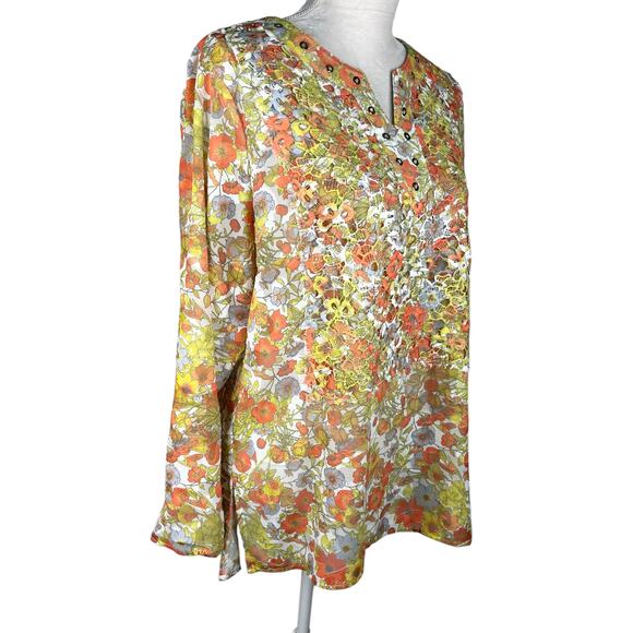 Multiples Top Blouse Retro Floral Large L Semi-Sheer 70s Roll Tab Sleeves - Picture 4 of 9